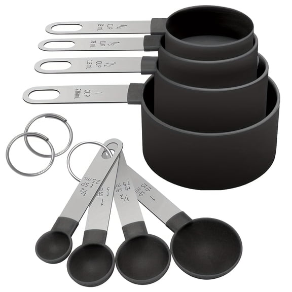 Black 430 Stainless Steel An 8pcs Stainless Steel Measuring Cup And Spoon Set with Handles, Suitable for Dry And Liquid Ingredients, Dishwasher Safe, Essential Kitchen Tools for Cooking And Baking