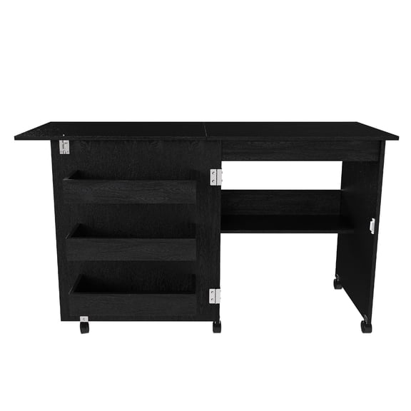 Black 45.67'' 4-In-1 Folding Sewing Table With Lockable Wheels Multi-Functional Craft Station, End Table, Computer Desk & Kitchen Storage With Shelves, Rolling Sewing Machine Table For Apartments