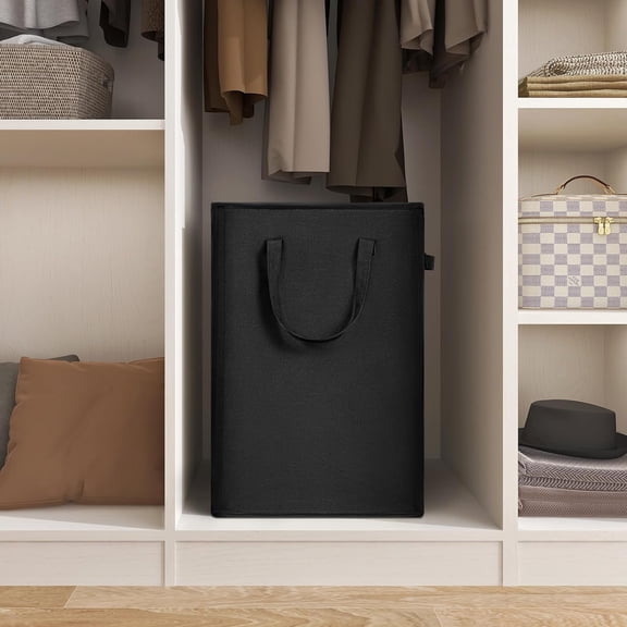 Black 45L Slim Collapsible Laundry Hamper with Handles - 23" Narrow Foldable Basket for Dirty Clothes