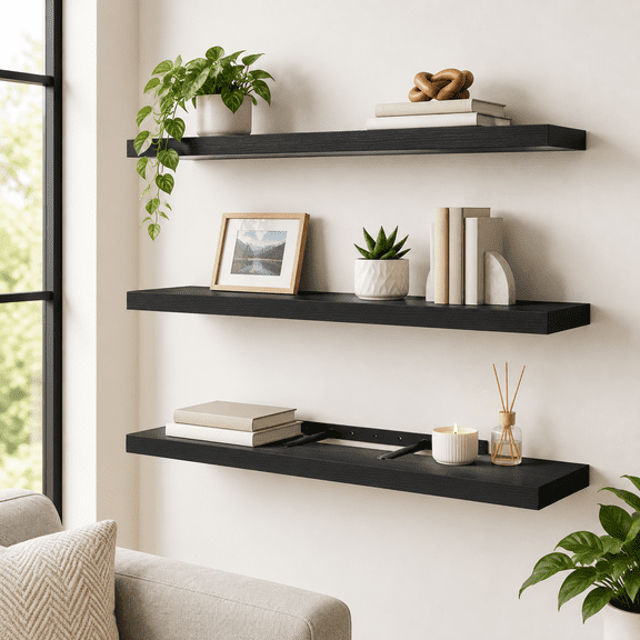 Black 47.2 Inches Floating Shelves Set of 3 for Wall Decor and Storage