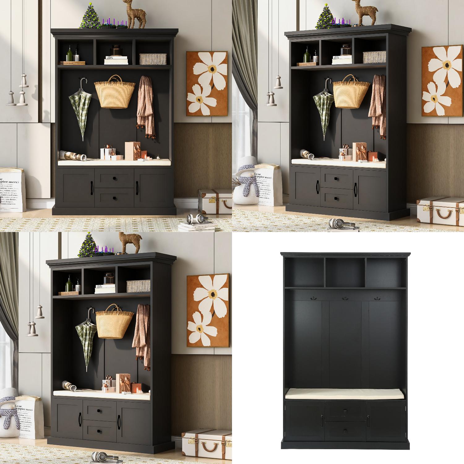 Black 47.2INCH ZHYNGTNG UCan Hall Tree with 3 Hooks Coat Hanger