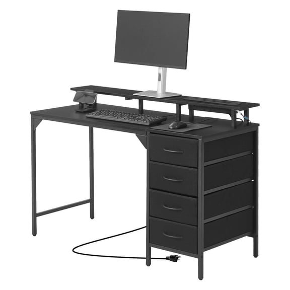 Black 47" Computer Desk with Dynamic LED Lighting & Power Supply, All-in-One Gaming and Study Table with 4 Drawers, Built-in Monitor Stand