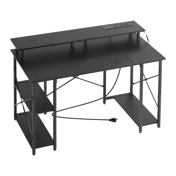 Black 47" Gaming Desk with Ambient LED Lights, Integrated Power Supply, Monitor Riser and Double Storage Shelves for Office Study
