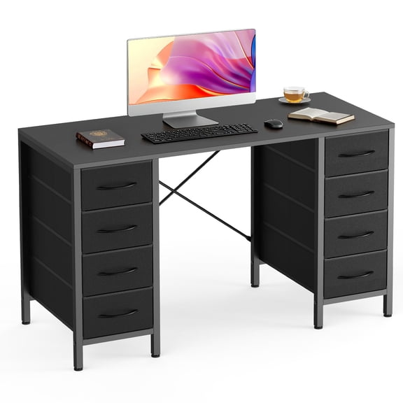 Black 47 Inch Computer Desk With 8 Fabric Drawers Office Gaming Desk X-Shaped Reinforced Structure