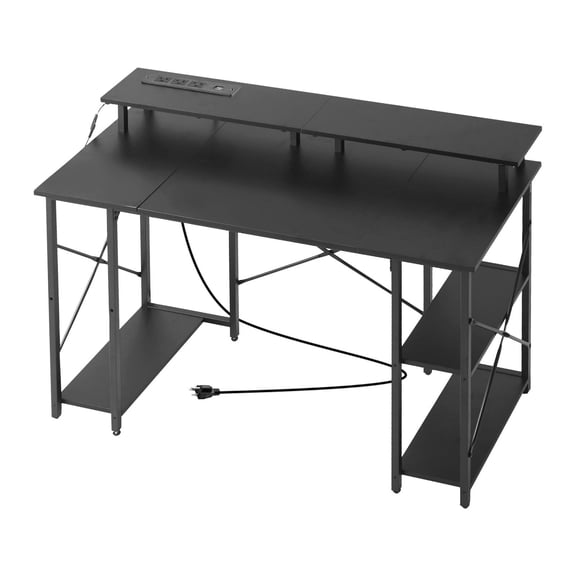 Black 47-Inch Gaming Desk Featuring LED Lighting, Power Strip, Monitor Riser and Dual Storage Shelves, Perfect for Home Office Study