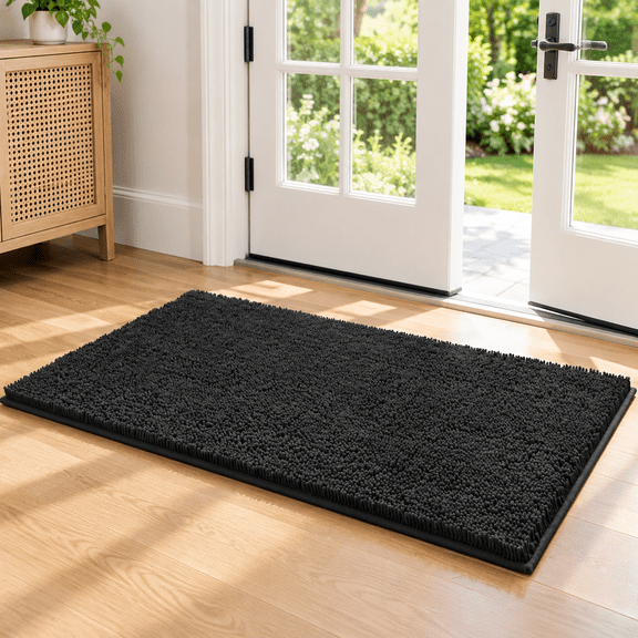 Black 48"L x 30"W x 1"Th Chenille Absorbent Non-Slip Doormat for Indoor Outdoor Entryway