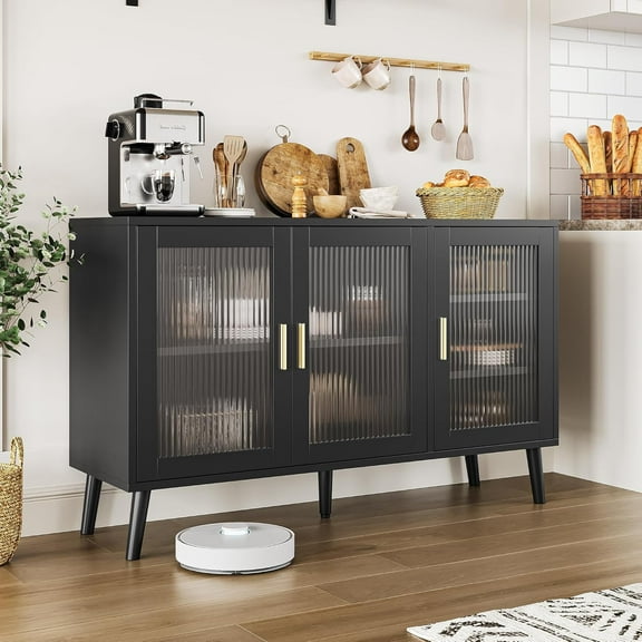 Black 48"x16"x32" Modern Glass Display Cabinet with 3 Fluted Glass Doors, Adjustable Shelves, TV Stand, Kitchen, Dining Room, Living Room, Hallway Storage Cabinet