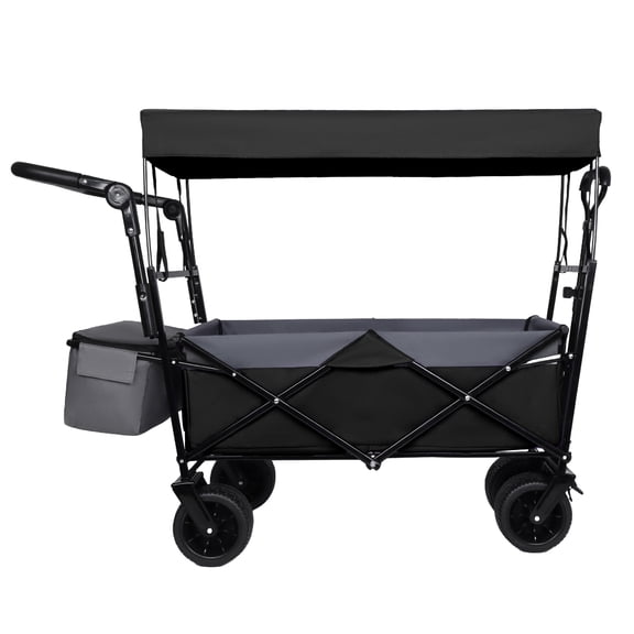 Black 480Lbs Collapsible Wagon with Canopy & Push Handle, 7" All-Terrain Wheels, Large Capacity Foldable Cart for Camping, Shopping, Sports, Garden, Heavy Duty Steel Frame, 600D Oxford Fabric