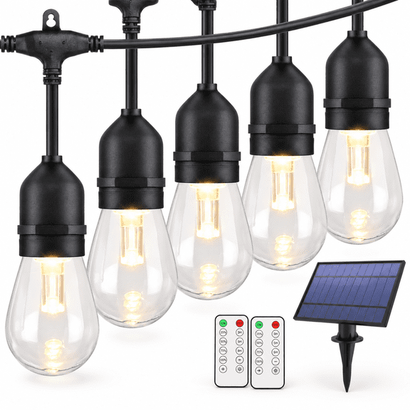 Black 48FT LED Solar String Lights with Remote and 3 Light Modes