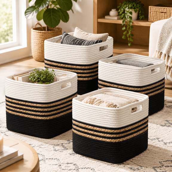 Black 4Pack-13 X 13 X 13 Water Hyacinth Cotton Rope Woven Storage Baskets