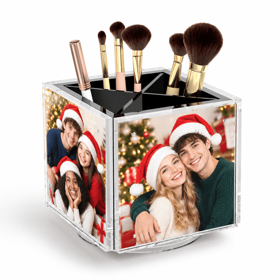 Black 4x4 Photo Cube Pen Holder Desk Organizer with Rotating Base