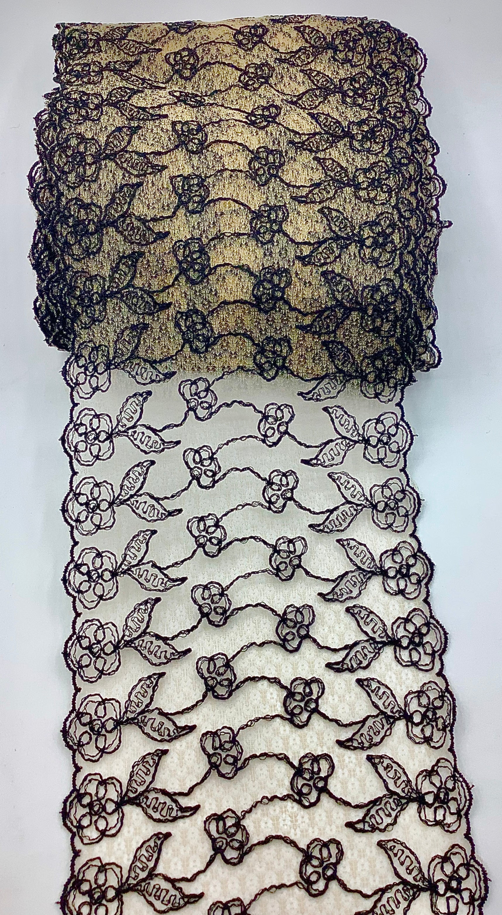 Black 5-1/2" Flowery Embroidered Galloon over Ultra Fine Natural Lace Knitting