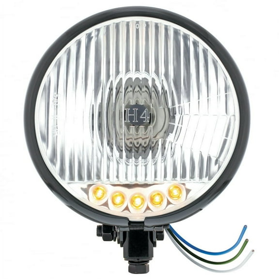 Black 5 3/4? Motorcycle Headlight - Bottom Mount - Crystal Headlight w/Amber LED Auxiliary/Utility Light