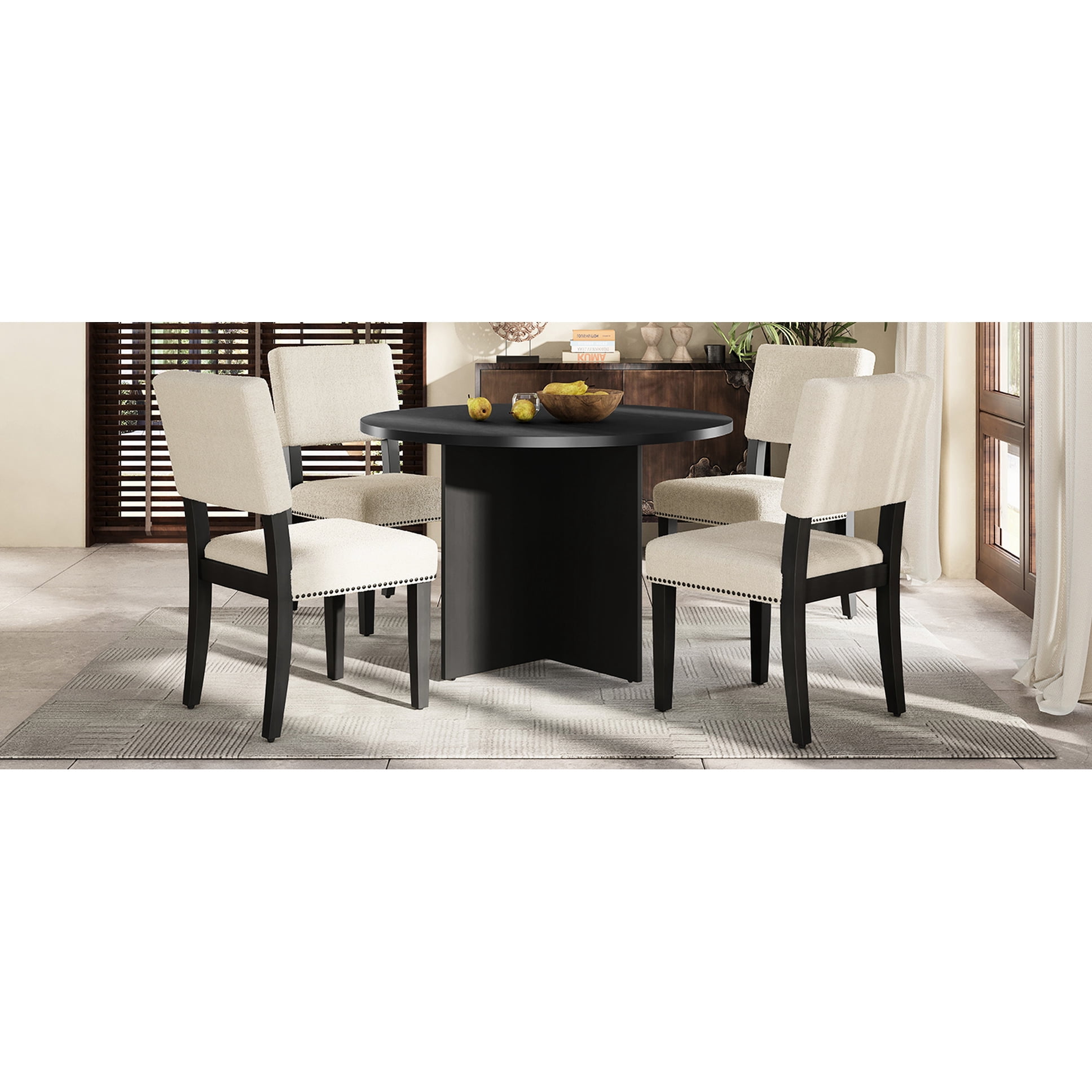 Black 5 Dining With Round Table And 4 Upholstered Back Chairs Color ...
