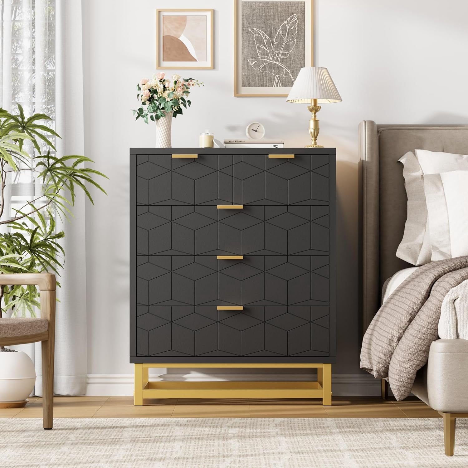 Black 5 Drawer Dresser for Bedroom, Chest of Drawers with Metal Base ...