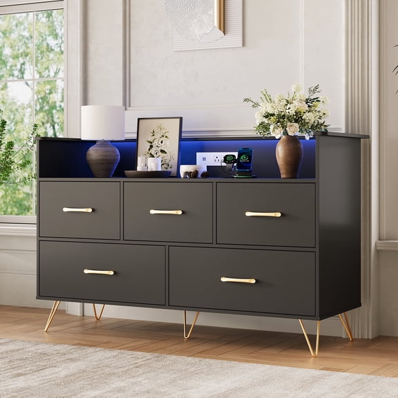 Black 5-Drawer Dresser with LED Lights & Charging Station, 47-Inch Wide Chest of Drawers, Freestanding Storage Organizer for Bedroom, Hallway, Entryway