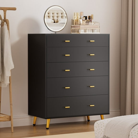 Cyehnenx Black 5 Drawer Dresser Tall Chest of Drawers for Bedroom & Closet Island with Glass Top & Jewelry Storage & Glass Dresser