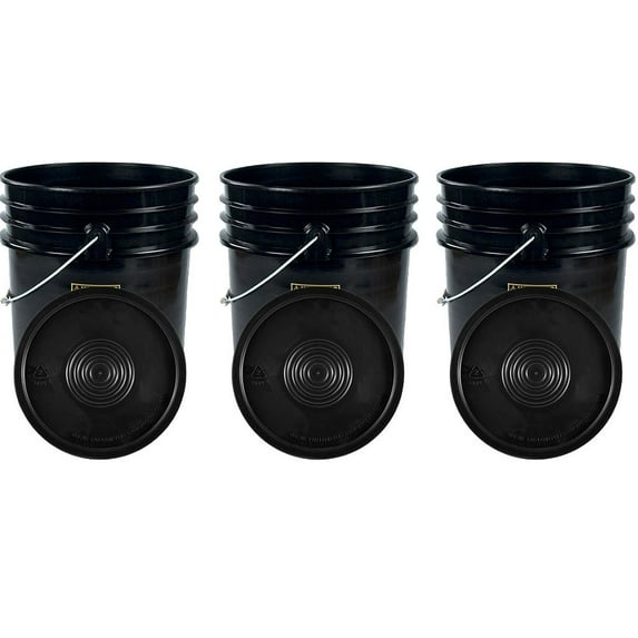 Black 5 Gallon Buckets and Flat Lids Food Grade Combo 3 Pack