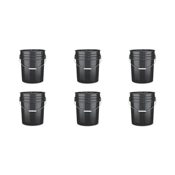 Black 5 Gallon Heavy Duty Plastic Buckets 6-Pack | 90 Mil Food Grade HDPE