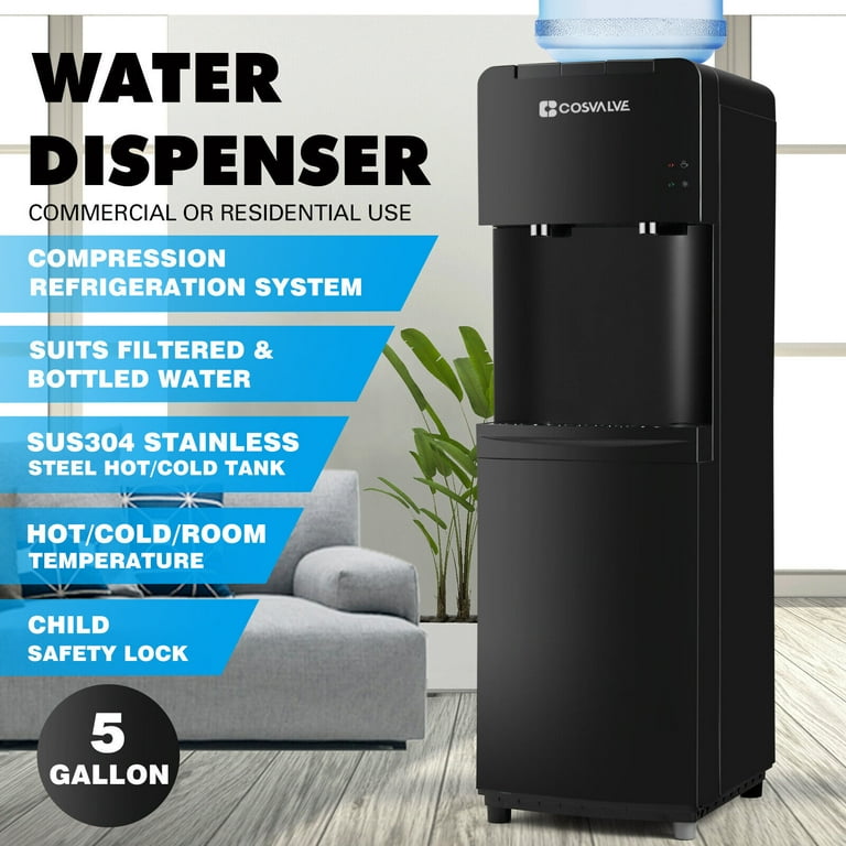 Black Gallon Top Loading Water Dispenser with Push Button, Hot