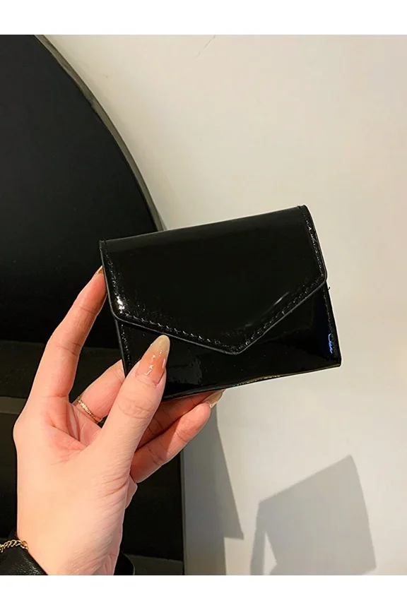 Black-5 Glossy PU Leather Envelope Mini Bifold Wallet Compact 11cm