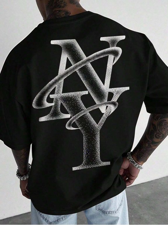 Black 5 Oversized Graphic Short Sleeve T-Shirt With Silver-Tone Dot-Gradient NY Logo, Streetwear Loose Fit Tee For Men
