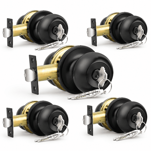 Black 5 Pack Entry Door Knobs With Lock, Keyed Alike Locksets