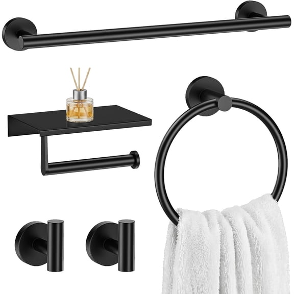 Black 5-Piece Bathroom Hardware Set, 23.6 Inch Towel Bar Set SUS304 Stainless Steel Towel Racks for Bathroom Round Towel Bar, Towel Ring, Toilet Paper Holder, 2 Robe Hooks, Wall Mounted