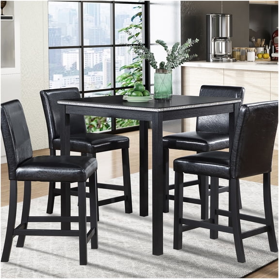 Black 5-Piece Counter Height Dining Set with Crystal Accents, Square Table and 4 Upholstered Chairs for Kitchen and Dining Room