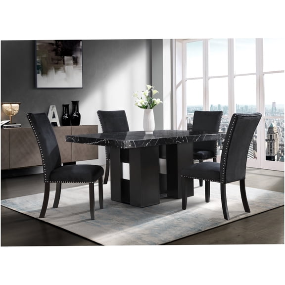 Black 5-Piece Dining Table Set with Faux Marble Tabletop, Rubberwood Construction for 4