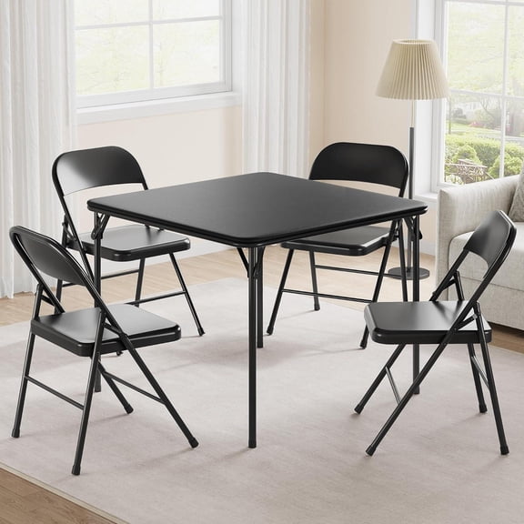 Black 5-Piece Folding Table Chair Set, PU Upholstered Portable Combination for Dining Camping Office