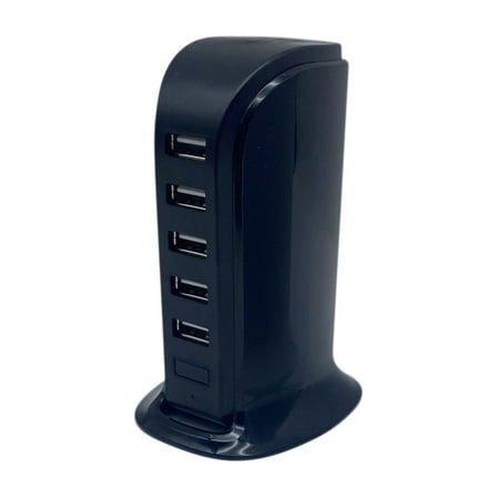 Black 5 Port Usb Charger 20W Fast Charge 5V4A Stand Up Design For Smartphones Tablets And Accessories