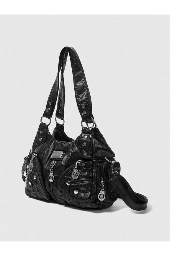 Black-5 Punk Grunge Medium Shoulder Bag With Multiple Zipper Pockets