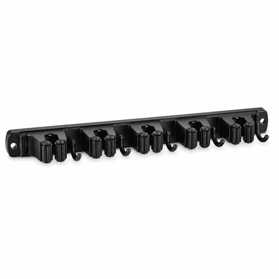 PLERISE Mop and Broom Holder Wall Mount - Stainless Steel, Heavy Duty, Self Adhesive, Non-slip, Black - 5 Racks & 4 Hooks