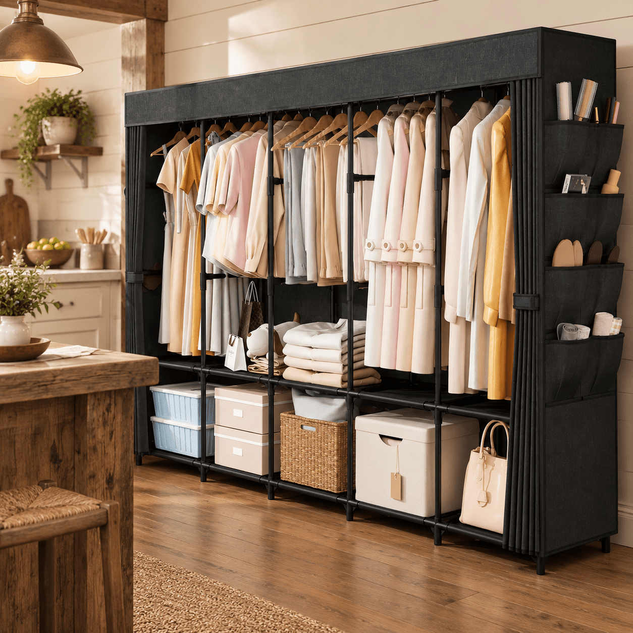 Simple Temporary Clothes Rack Black 5 Row - 82'' Wide Portable Clothes Rack with Cover and Storage ...