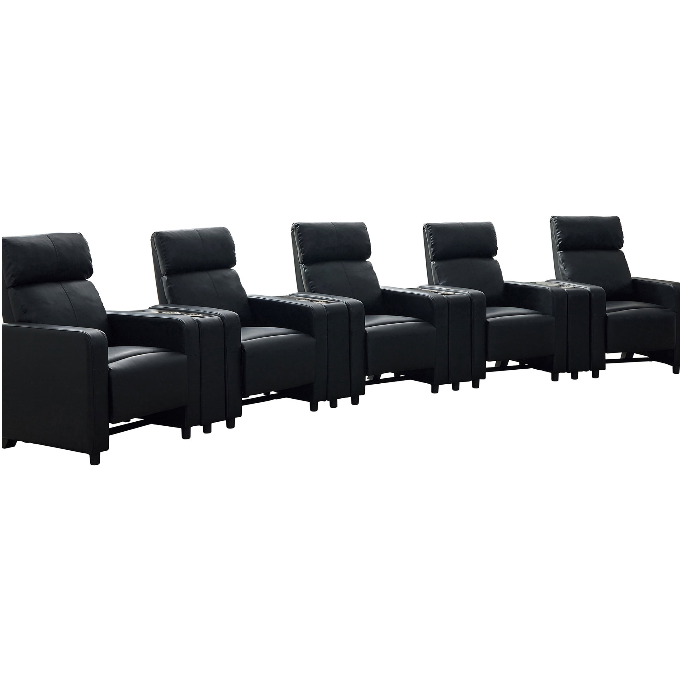 Black 5-Seater Home Theater Recliner Set with 4 Consoles, Upholstered ...