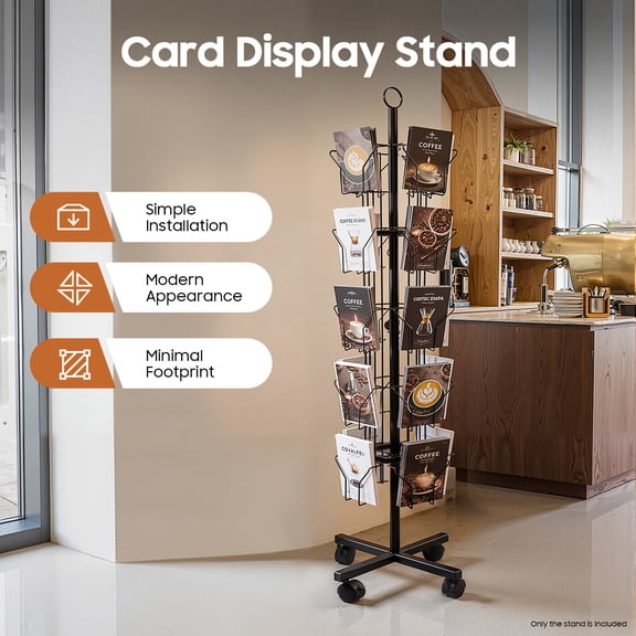 Black 5-Tier 20 Pockets Rotating Greeting Card Display Rack with 4 Rolling Wheels, 360 Spinning Metal Floor Standing Postcard & Sticker Holder for Retail Holiday Gift Cards