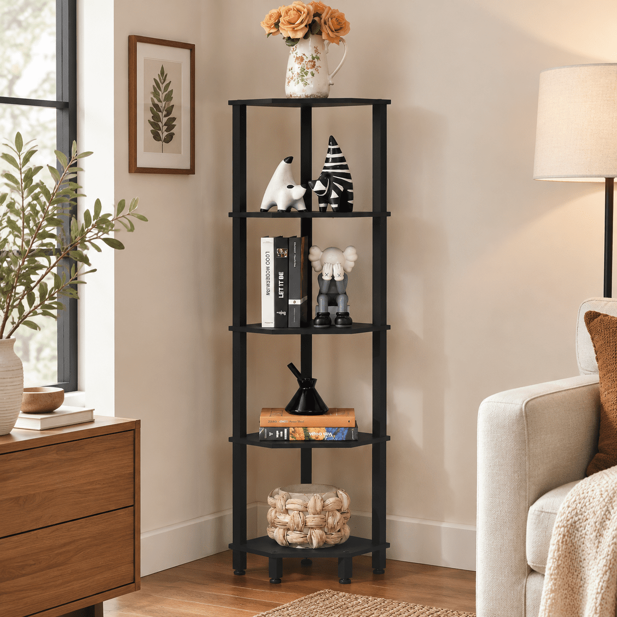 Black 5 Tier Corner Bookcase, Vertical Storage Shelf for Small Spaces ...
