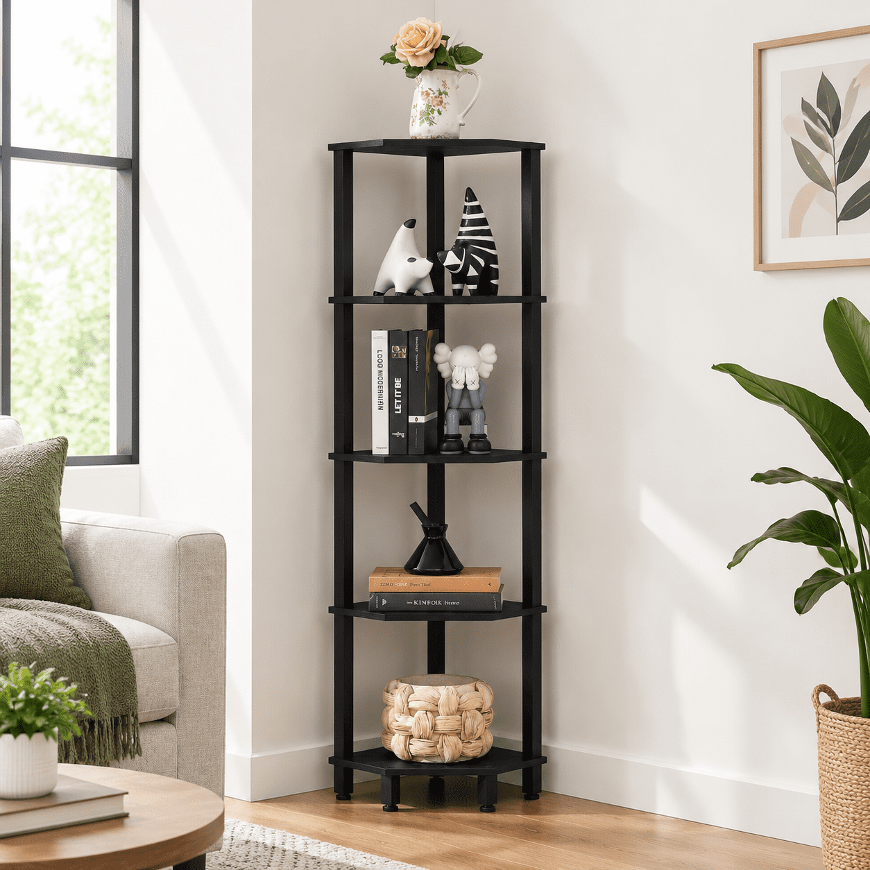 Black 5 Tier Corner Shelf Unit, Vertical Storage Organizer for Small ...