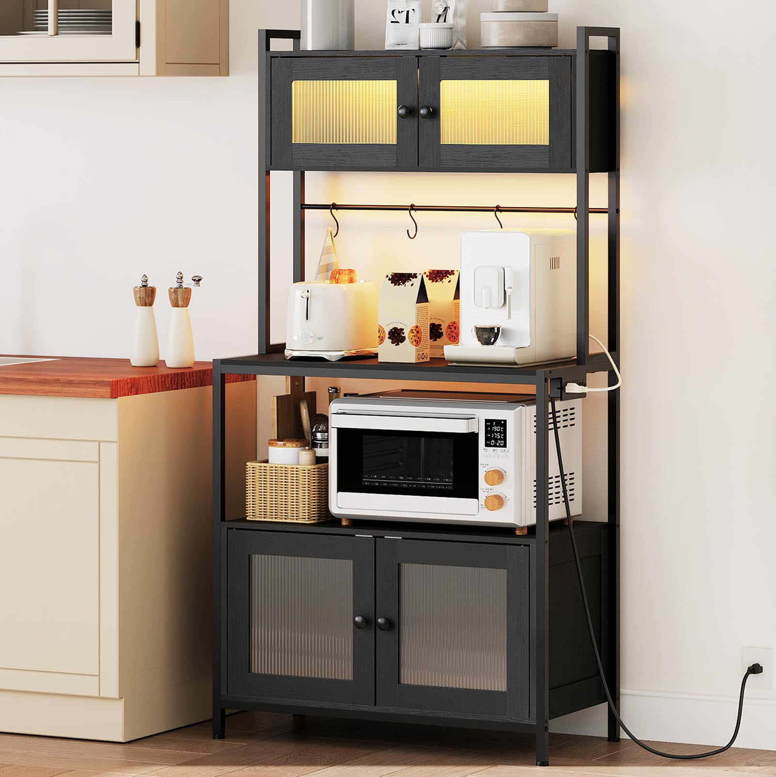 Black 5-Tier Industrial Bakers Rack with Cabinet, LED Lighting & Power ...