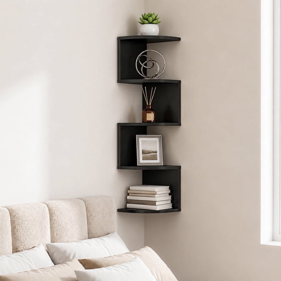 Black 5-Tier L-Shaped Wall Mount Corner Storage Shelf