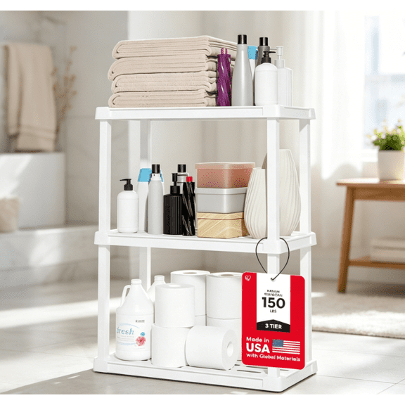 Black 5-Tier Lightweight Plastic Storage Rack, 250lbs Load Capacity, 64×24×12 Inch Modular Organizer for Bathroom, Laundry, Garage and Household