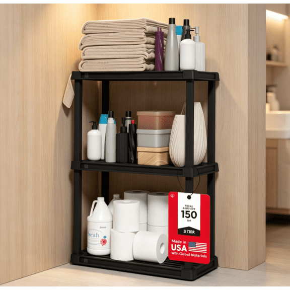 Black 5-Tier Lightweight Plastic Storage Rack, 250lbs Load Capacity, 64×24×12 Inch Modular Organizer for Bathroom, Laundry, Garage and Household