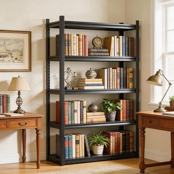 Black 5 Tier Metal Garage Shelving Heavy Duty, Adjustable Storage Rack, Steel Shelving, 3000 lb, Dual-Layer Column with Reinforced Ribs, Industrial Shelf for Home Garage Office, 72" H x36" W x 14" D