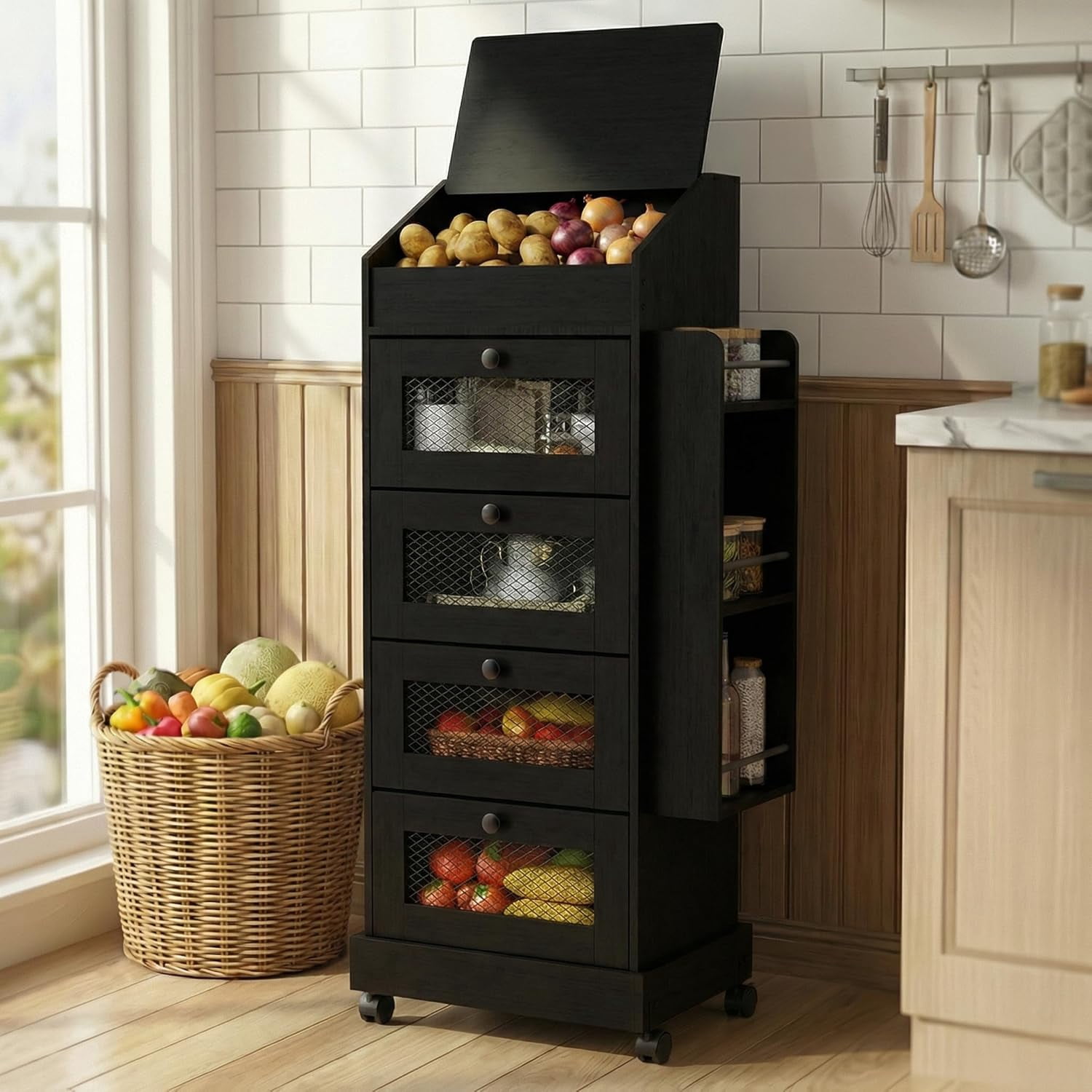 Black 5-Tier Rolling Fruit and Vegetable Storage Cart with Spice Rack ...