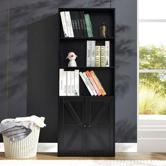 Black 5-Tier Tall Bookshelf and Bookcase, 59.7" Wooden Bookshelves with Cabinet Doors, 5 Shelf Display Storage Shelves for Living Room, Office Furniture for Small Spaces