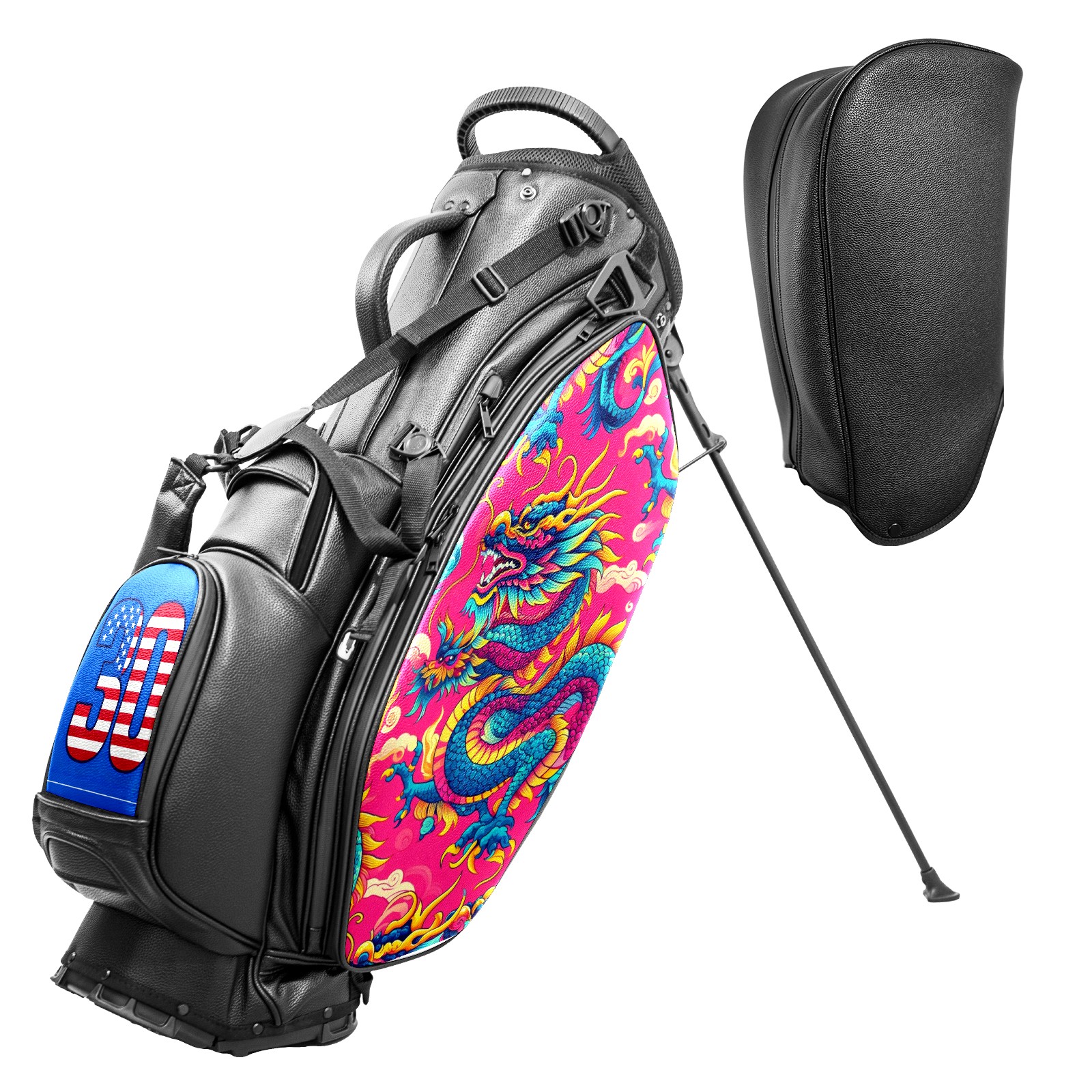 Black 5 Ways Divider Golf Bag Waterproof Leather Golf Stand Bag Large Capacity & Versatile Personalized Customized Printing Golf Club Bag for Men Women 30