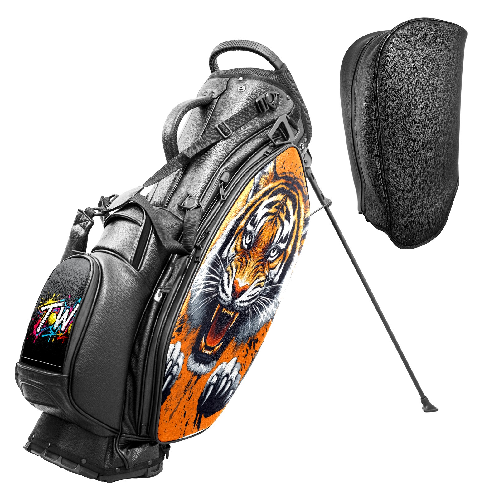 Black 5 Ways Divider Golf Bag Waterproof Leather Golf Stand Bag Large Capacity & Versatile Personalized Customized Printing Golf Club Bag for Men Women Color TW