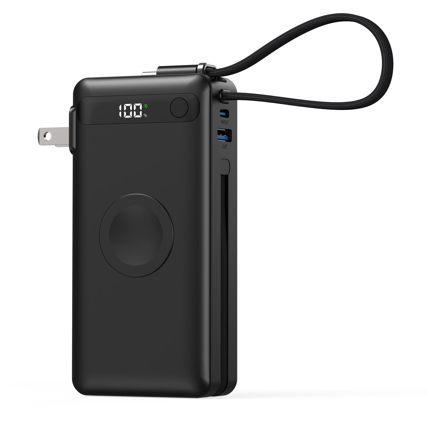 Black 5-in-1 Travel Power Bank (10,000mAh) — Built-in Foldable AC Wall Adapter and 3W Wireless Watch Charger; Multi-Device Charger with Integrated USB-C Cable; Portable External Battery Pack