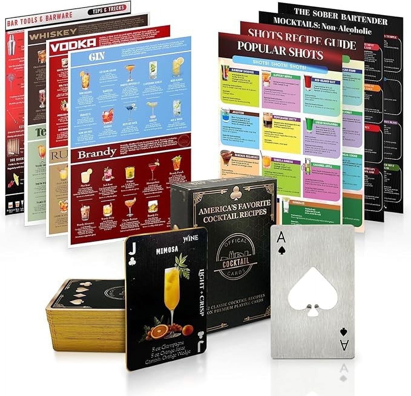 Official Cocktail Cards – Black 5-Piece Barware Set with Drink Recipe Deck & Bartender Tools, Premium Mixology Kit